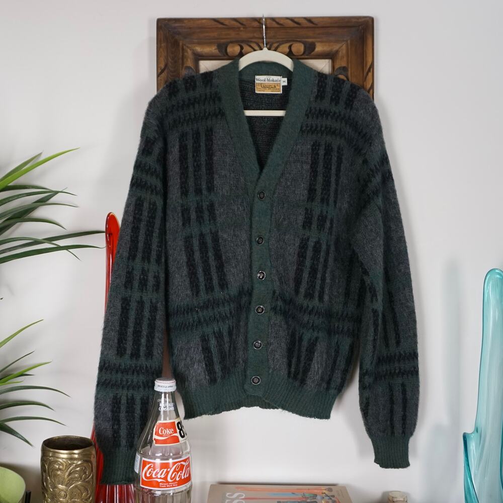 Vintage 60s Campus green graphic pure wool-mohair cardigan sweater
